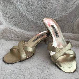 Manolo Blahnik Gold Leather Kitten Heel Sandal